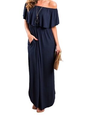 💙Off-The-Shoulder Dark Blue Maxi Dress | Thanth | Small | Cotton Blend Dress